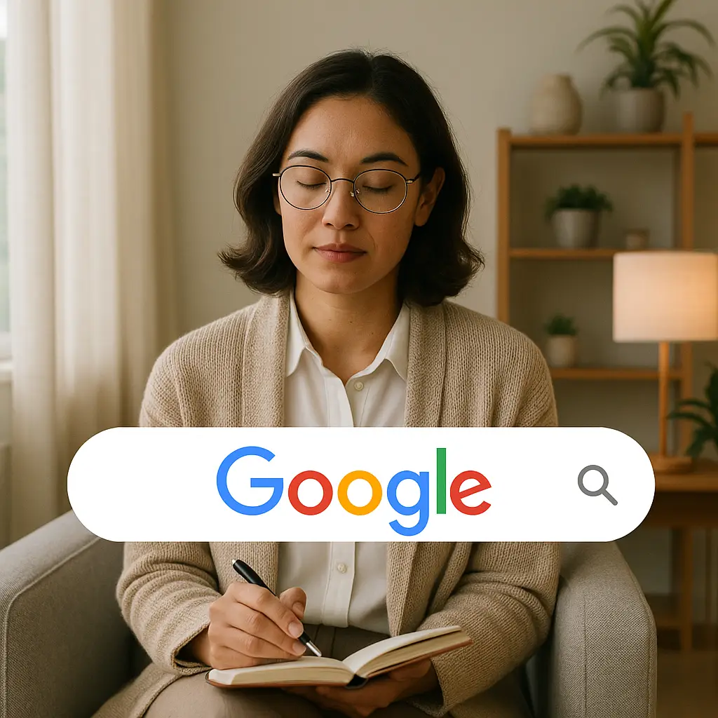 Therapist in calm setting or subtle Google search bar visual