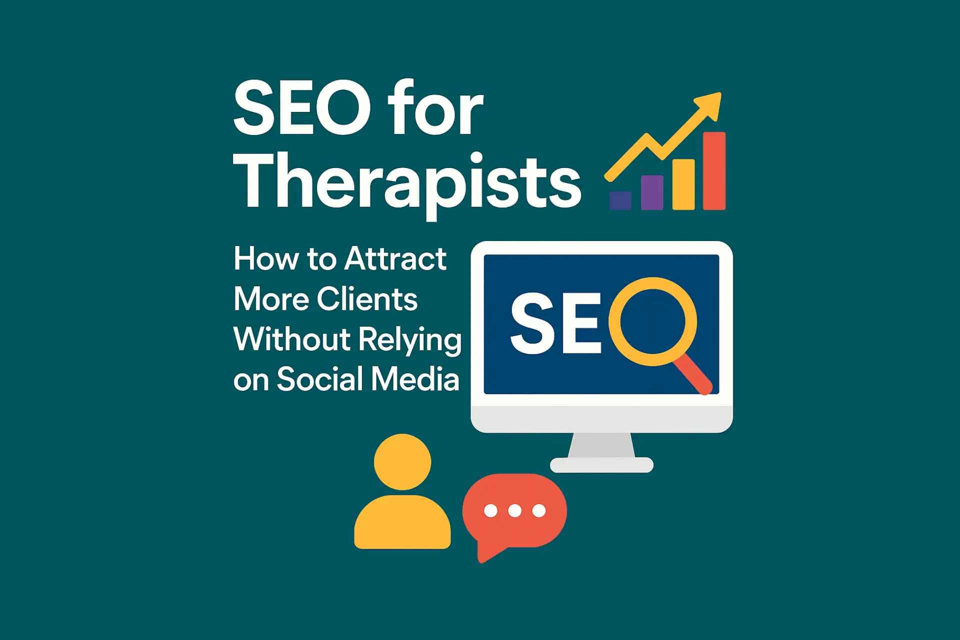 Illustration of SEO for therapists with computer screen, SEO icon, user profile, and upward graph, promoting client attraction without social media.
