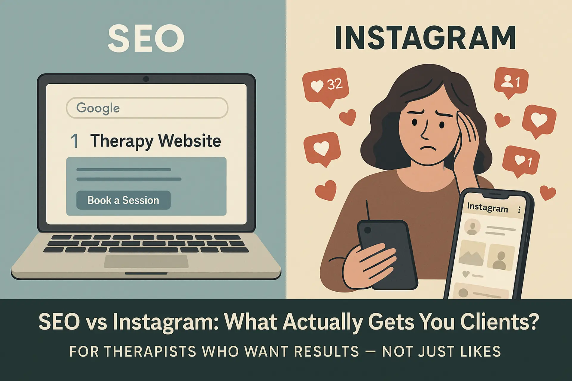 Split screen image comparing SEO and Instagram for therapists, showing website on Google vs social media notifications