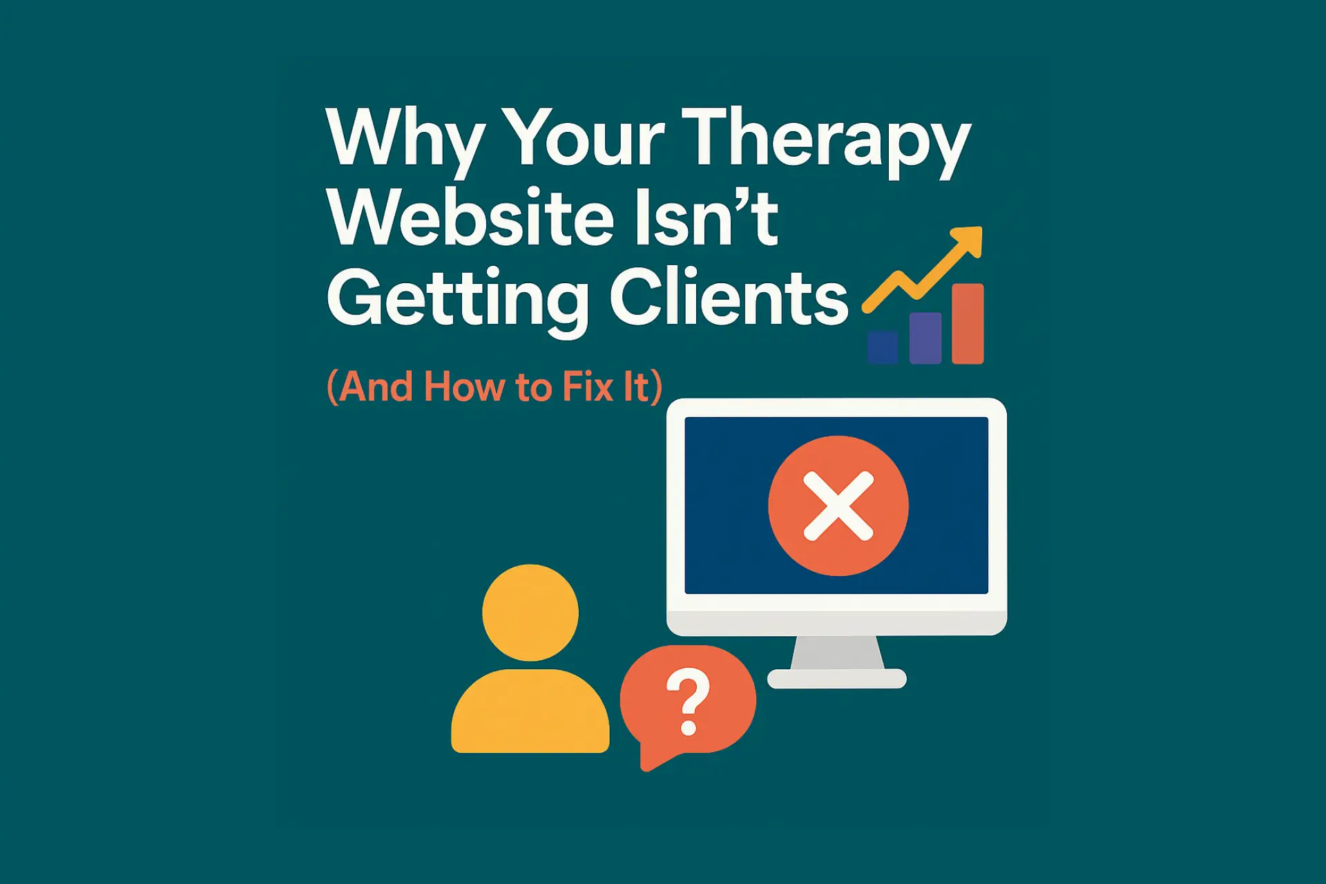 Flat illustration showing a confused therapist in front of a website screen with zero client bookings, highlighting website and SEO issues